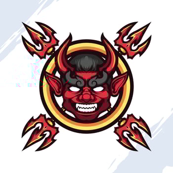 Red Horned Devil Head with Four Trident vector