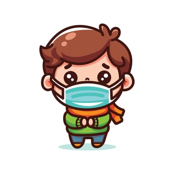 cute vector design illustration of a little boy wearing a sick mask