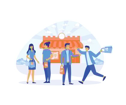 Group of people with Shopping Bags and Gifts. Male and Female Characters, Big Sale, Discount and Advertising Banner flat vector modern illustration