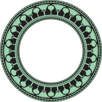 Vector green round Egyptian border. Circle ornament of ancient Africa. Pattern of lotus flowers and sun
