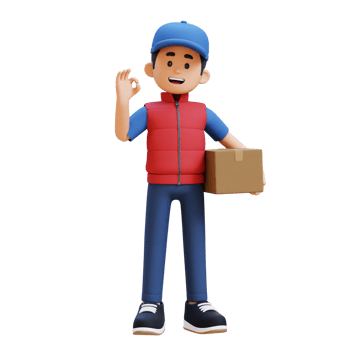 3D Delivery Man Character with OK Sign Hand Pose with Parcel Box png