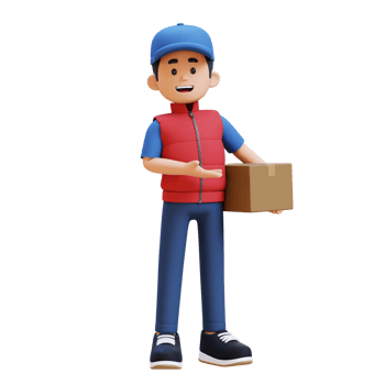 3D Delivery Man Character Presenting to the Left Pose with Parcel Box png
