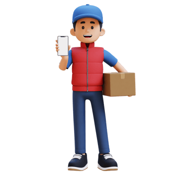 3D Delivery Man Character presenting Empty Phone Screen and Carrying Parcel Box png