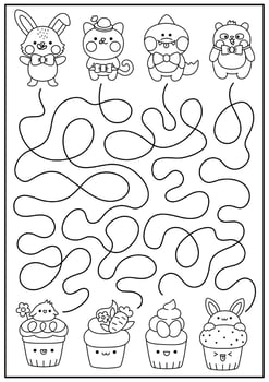 Easter black and white maze for kids. Spring holiday preschool printable activity with kawaii animals and cupcakes with eggs, carrot, bunny, chick. Labyrinth game coloring page with cute cup cakes vector