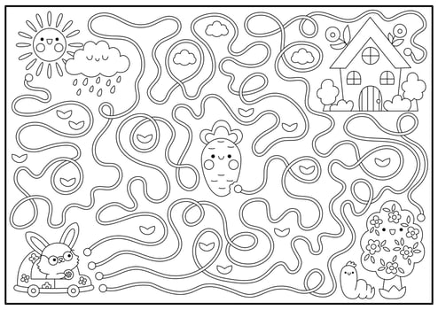 Easter black and white maze for kids. Spring holiday preschool printable activity with kawaii car with bunny, country house. Garden labyrinth game, puzzle or coloring page with cute characters vector