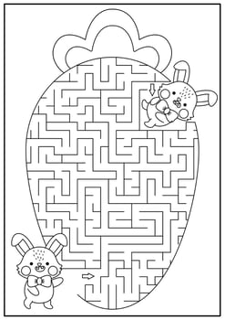 Easter black and white maze for kids. Spring holiday preschool printable activity with kawaii bunny eating big carrot. Geometrical labyrinth game, puzzle or coloring page with cute character vector
