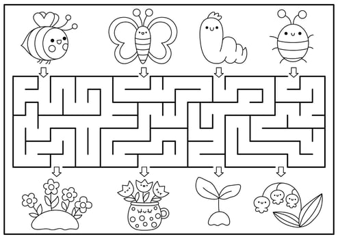 Spring black and white maze for kids. Garden geometrical preschool printable activity with kawaii insects, flowers. Easter holiday labyrinth game or coloring page with cute bumblebee vector