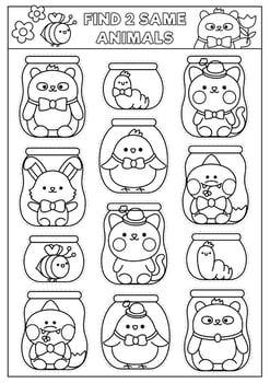 Find two same kawaii animals in jars. Easter black and white matching activity. Spring holiday line quiz or coloring page for kids. Simple printable game with chick, bunny, cat, panda vector