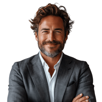 Smiling middle-aged male businessman in suit, isolated on transparent background. png
