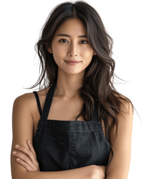 Young beautiful Asian woman wearing an apron smiling as a waitress or shop owner isolated on transparent background. png