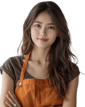 Young beautiful Asian woman wearing an apron smiling as a waitress or shop owner isolated on transparent background. png