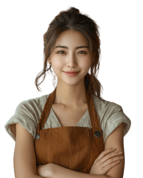 Young beautiful Asian woman wearing an apron smiling as a waitress or shop owner isolated on transparent background. png