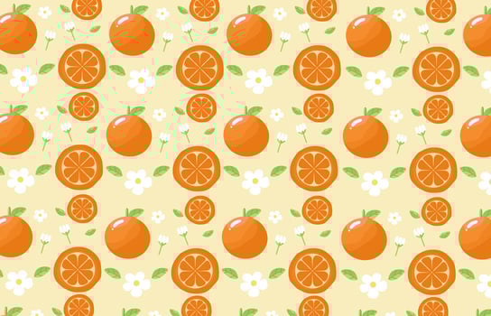 Seamless fruit pattern with orange, flowers, leaves, orange slice. Repeating background with summer fruit on yellow. Use for fabric, gift wrap, packaging, wrapping paper, banners, tablecloths vector