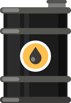 Oil industry. Gold and black barrels with oil drop label on spilled puddle of crude oil. png
