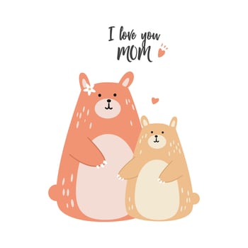 Happy Mother's Day cute bears cartoon character collection flat vector illustration isolated on white background. Happy family with mother and daughter with calligraphy, heart and floral decoration.
