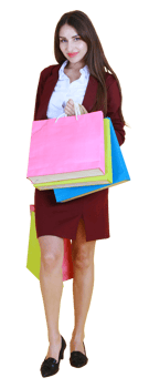 Beautiful woman in red suit smile and hand holding colorful shopping paper bags png