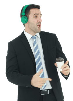 Handsome and smart businessman relax with listening to music in green headphones and hand holding a cup of coffee png