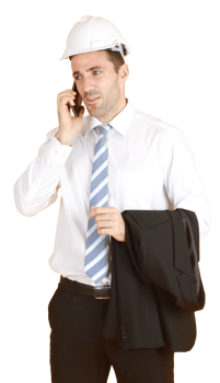 Handsome and smart engineer in suit and white shirt and Wearing a white safety engineer hat is talking with smartphone png
