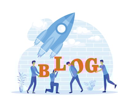 Happy Friendly Smiling Man Making Word Composition. Blogging Media Development, Online Promotion and Entertainment. flat vector modern illustration