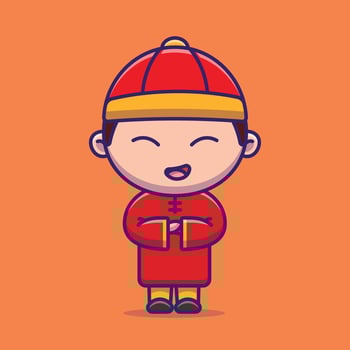 Cute boy greeting chinese new year cartoon vector illustration chinese lunar new year concept icon isolated