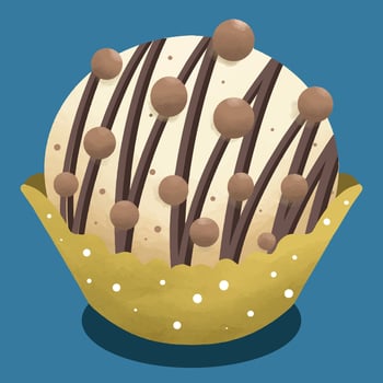 cute vector illustration of a round white chocolate cake with a chocolate ball decoration on top wrapped in yellow paper