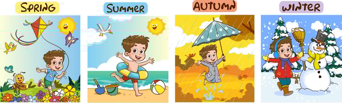 Vector illustration of Four Seasons With Cartoon Kid