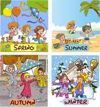 Vector illustration of Four Seasons With Cartoon Kid