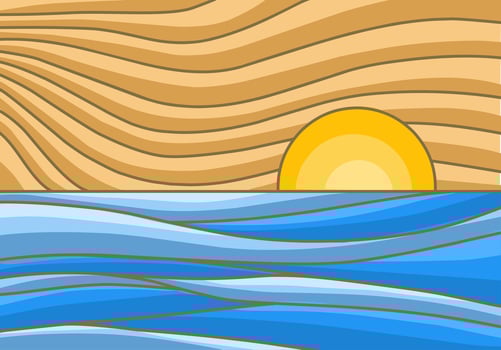 line art illustration of sunset landscape at sea with beautiful water and sun vector