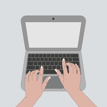 Vector illustration of human hands typing on a laptop keyboard.