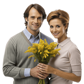 AI generated Couple in love with bouquet of mimosa flowers- png