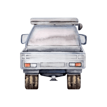 Back view of car with roof rack. Hand drawn element for adventure, tourism, touring, outdoors, 4x4 off-roading, car repair, camping designs. Watercolor illustration isolated on transparent background png