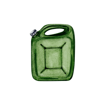 Green jerry can. Fuel container. Diesel. Hand drawn element for tourism, touring, outdoors, 4x4 off-roading, car repair, camping designs. Watercolor illustration isolated on transparent background png