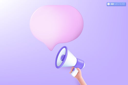 3d megaphone speaker with bubble chat icon symbol. loudspeaker announce discount promotion, Sell reduced prices, Marketing time concept. 3D vector isolated illustration, Cartoon pastel Minimal style.