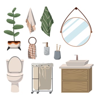 set of modern bathroom decor items, bathroom items, a laundry basket, towels, a brush, washcloths, soap and other decor. Vector illustration on white background