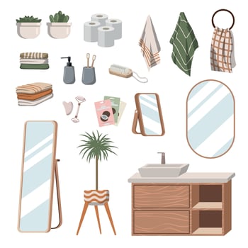 set of modern bathroom decor items, bathroom items, washbasin, laundry basket, towels, bath mat, mirror, plants and other decor. Vector illustration on white background
