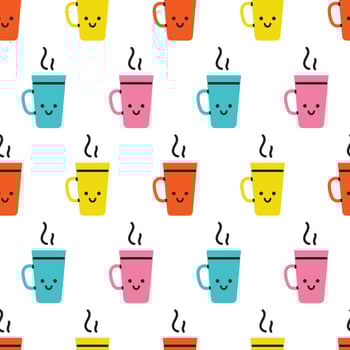 Vector seamless pattern with cute colorful cups of tea or coffee. Funny smiling cups or mugs with hot drink on white background. Wrapping design.