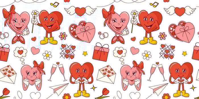 Seamless pattern with groovy hearts for Valentine's Day on pink background. vector