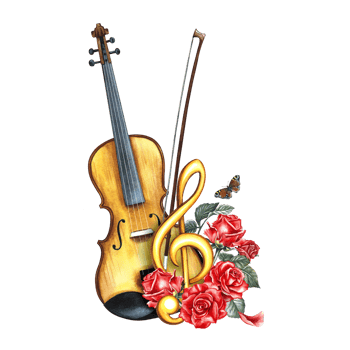 A violin decorated with red roses and a golden treble clef. The watercolor illustration is hand-drawn. For posters, flyers and invitation cards. For banners and postcards, logos, badges, stickers. png