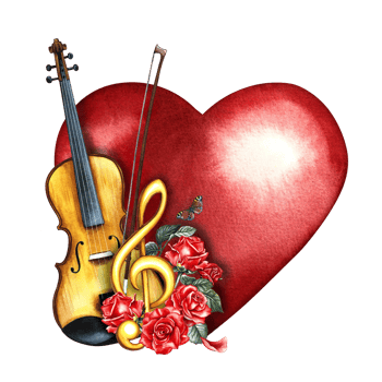 A violin decorated with red roses and a golden treble clef on a red heart. The watercolor illustration is hand-drawn. For posters, flyers and invitation cards. For banners, postcards, logos, stickers. png