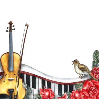 The frame is musical with a violin, piano keys, roses and a nightingale. The watercolor illustration is hand-drawn. For posters, flyers and invitation cards. For greeting cards and certificates. png