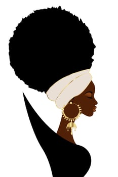 Black queen, African woman in Afro Curly hair, golden earrings and turban. Vector illustration isolated on white background.