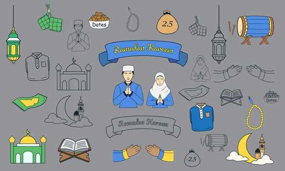 Element or icon Eid Mubarak or Ramadan Kareem set vector, moslem cartoon illustration, Eid Mubarak is the happy islamic big day after Fasting Day. vector