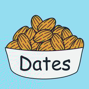 Almond or Dates Fruit in a bowl on a blue background. Vector illustration.