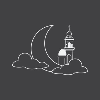 a clock tower of mosque or masjid with a crescent in the sky with black and white or grayscale color background vector