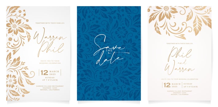 three wedding invitation cards with gold and blue floral designs ornament for Stationery, Layouts, collages, scene designs, event flyer, Holiday celebrations cards papers printing covers, golden foils vector