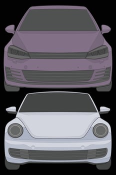Set of front view Vector Illustration of Isolated highlight  color car on black background, Vehicle in a Flat Cartoon Style.