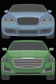 Set of front view Vector Illustration of Isolated highlight  color car on black background, Vehicle in a Flat Cartoon Style.