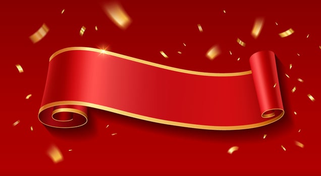 Red Ribbon banner, Small pieces of gold ribbon flying, horizontal curve realistic on red background, Eps 10 vector illustration