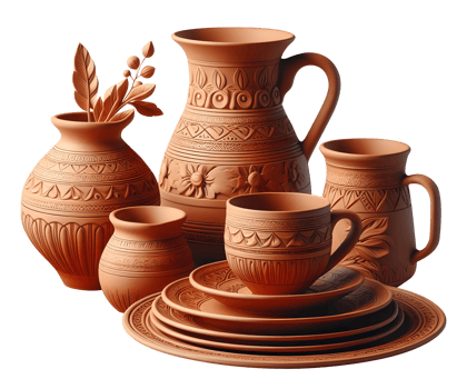 AI generated Terracotta dinner set png pottery dinner set png brown clay dinner set png scorched soil dinner set png clay plates png ceramics dinner set png dinner set transparent background