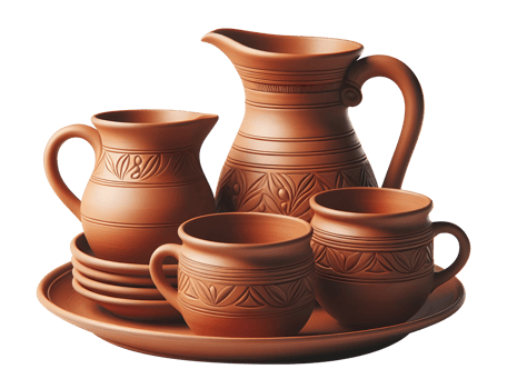 AI generated Terracotta dinner set png pottery dinner set png brown clay dinner set png scorched soil dinner set png clay plates png ceramics dinner set png dinner set transparent background